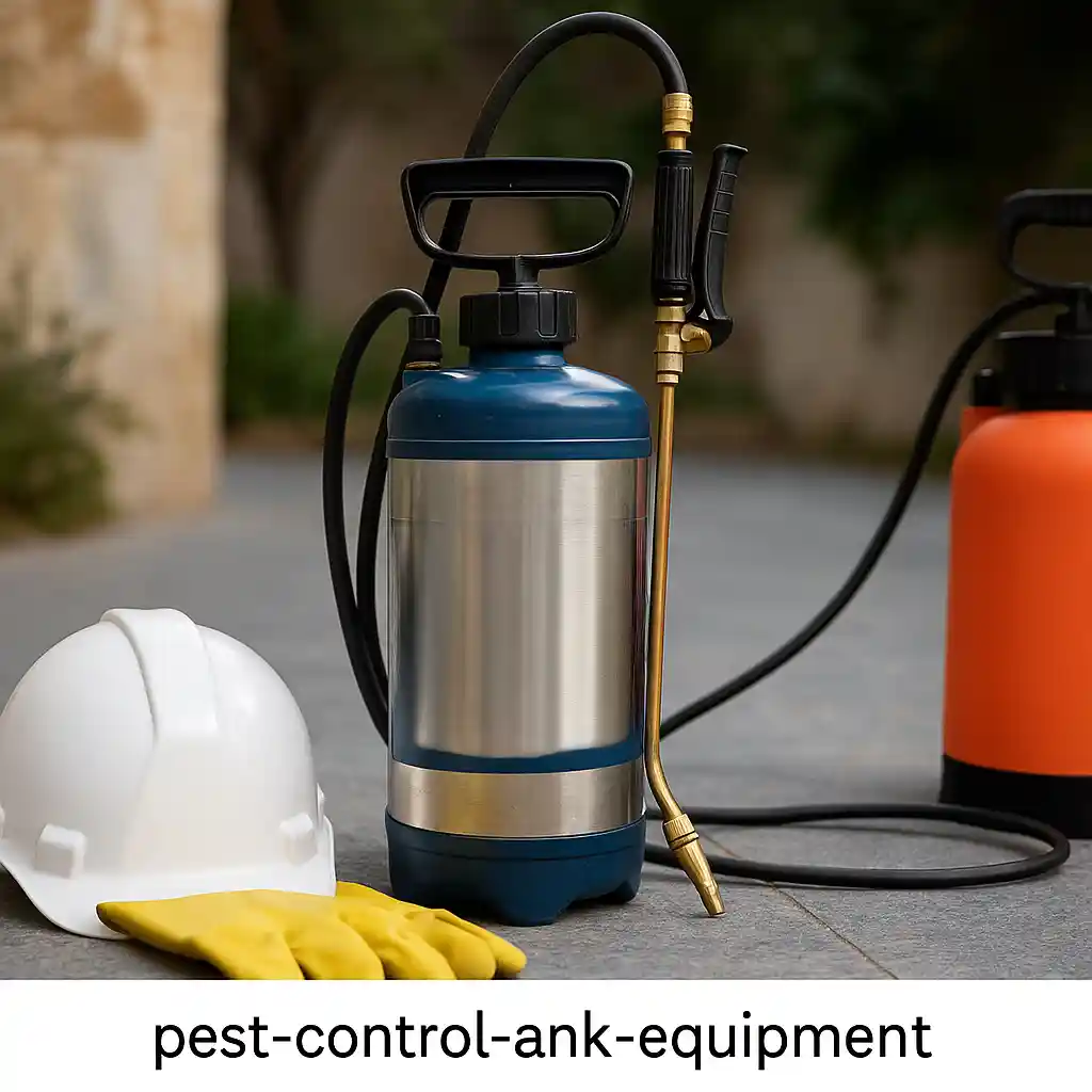 معدات رش مبيدات حديثة تُستخدم في مكافحة الحشرات بعنك، تشمل بخاخ ضغط عالٍ وخوذة حماية وقفازات مخصصة للعمل.