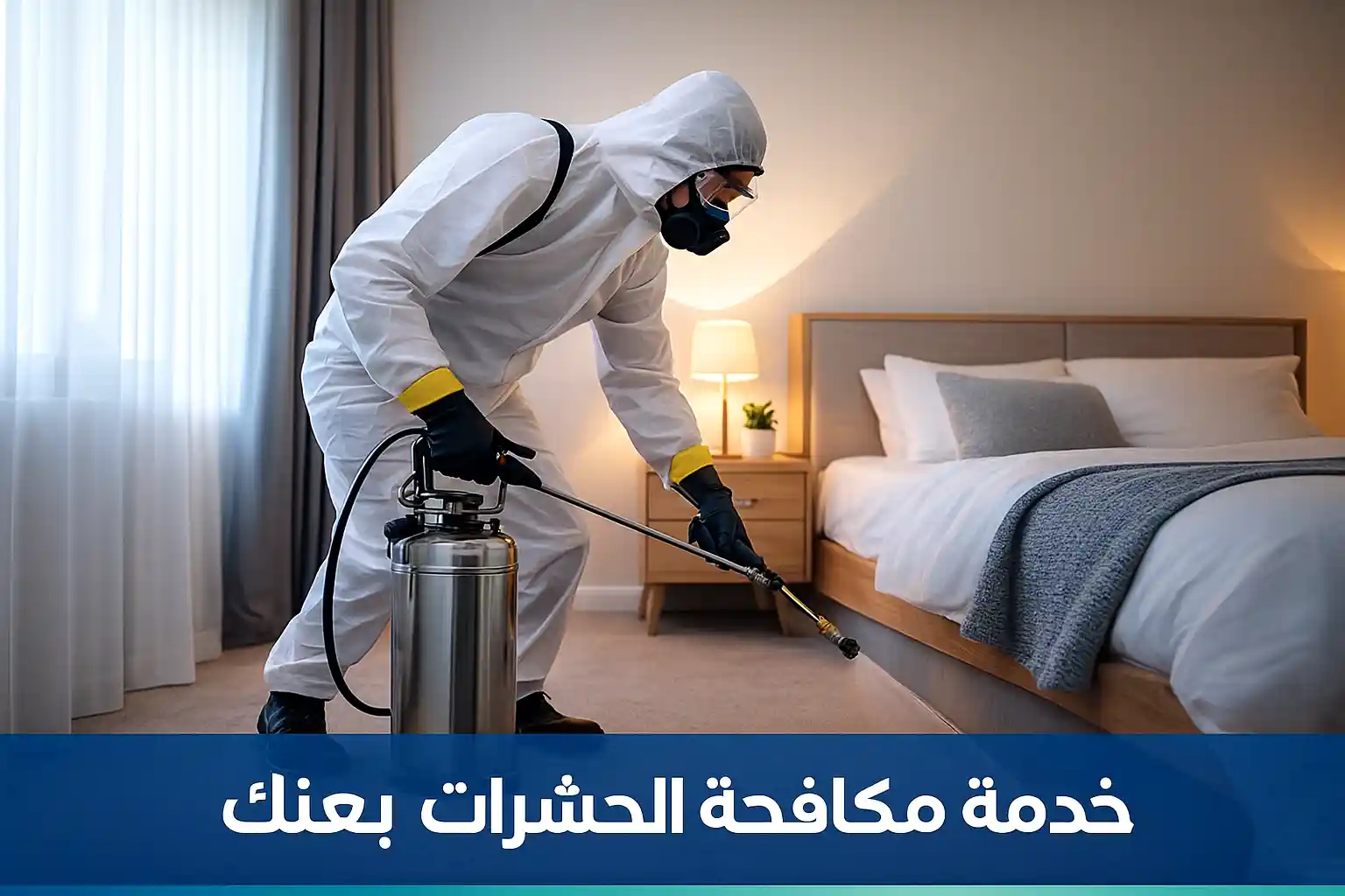 فني مكافحة حشرات بعنك يقوم برش مبيدات داخل غرفة نوم لمعالجة انتشار الحشرات باستخدام معدات احترافية.