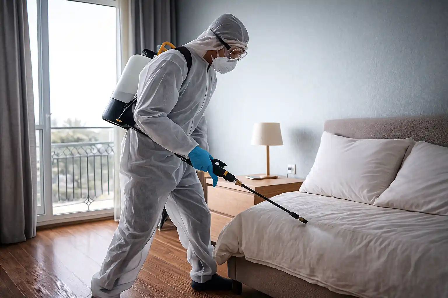 فني مكافحة حشرات بعنك يقوم برش مبيدات آمنة داخل غرفة النوم لمعالجة بق الفراش والصراصير الصغيرة.