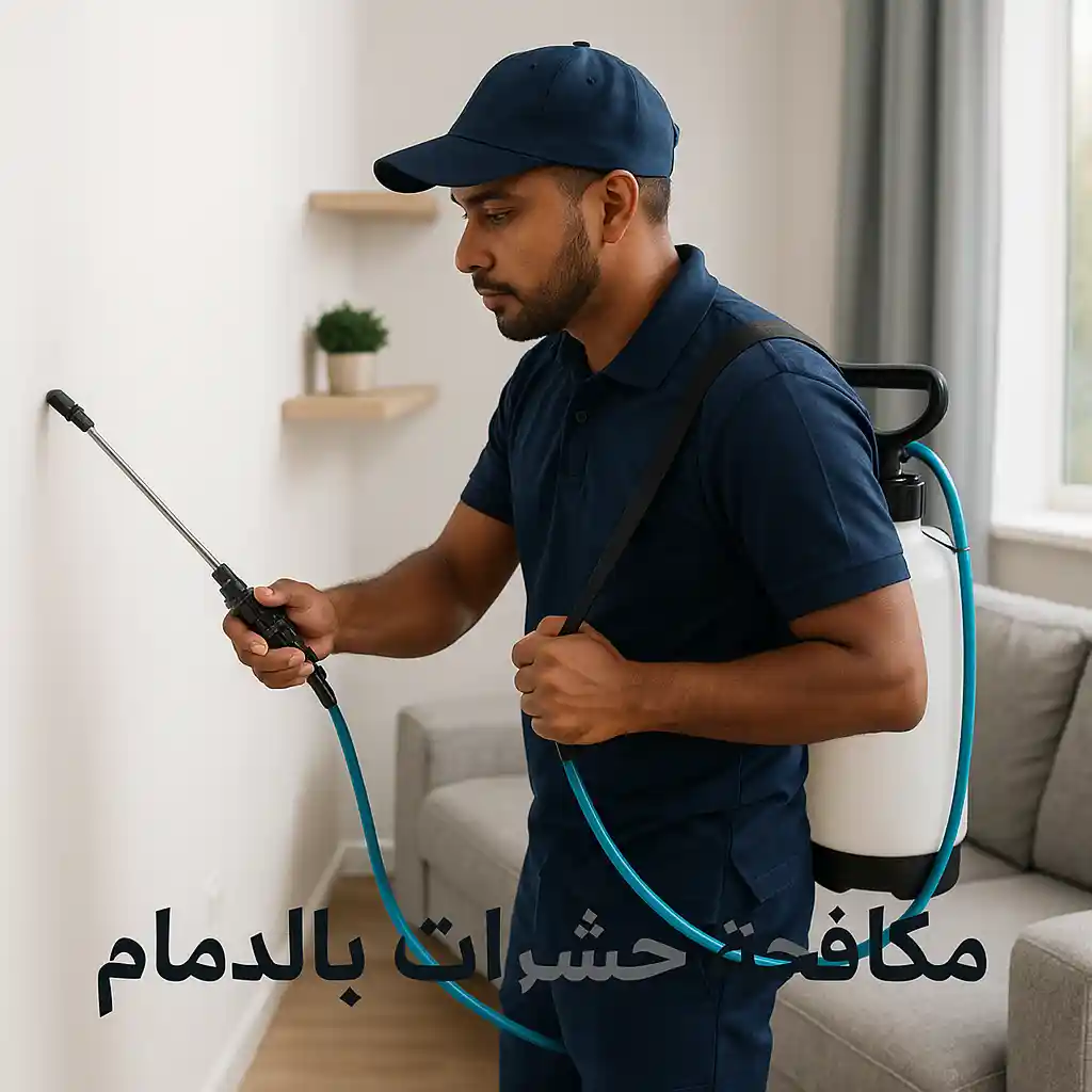 فني مكافحة حشرات بالدمام يقوم برش مبيدات داخل غرفة مع ضمان إبادة فعالة وآمنة.