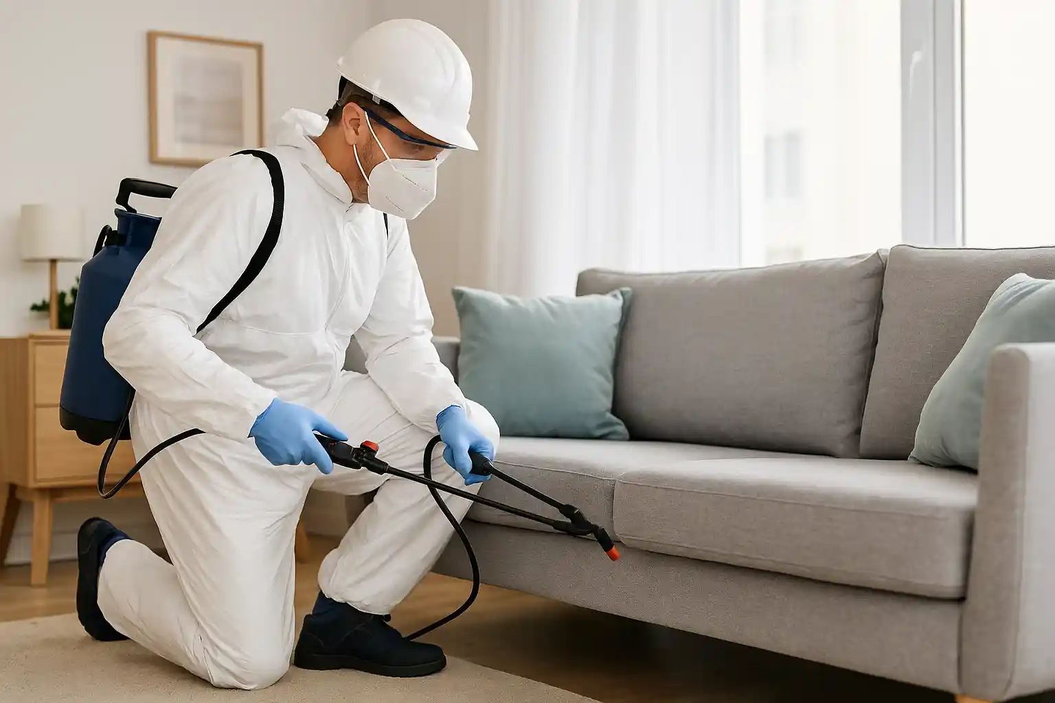 فني مكافحة حشرات في الظهران يقوم برش المبيدات حول الأثاث داخل غرفة معيشة باستخدام معدات احترافية لضمان إبادة فعّالة.
