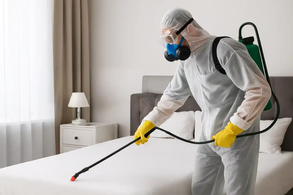 فني مكافحة حشرات بالظهران يقوم برش مبيدات مع خدمة إبادة الحشرات من صائد الحشرات.