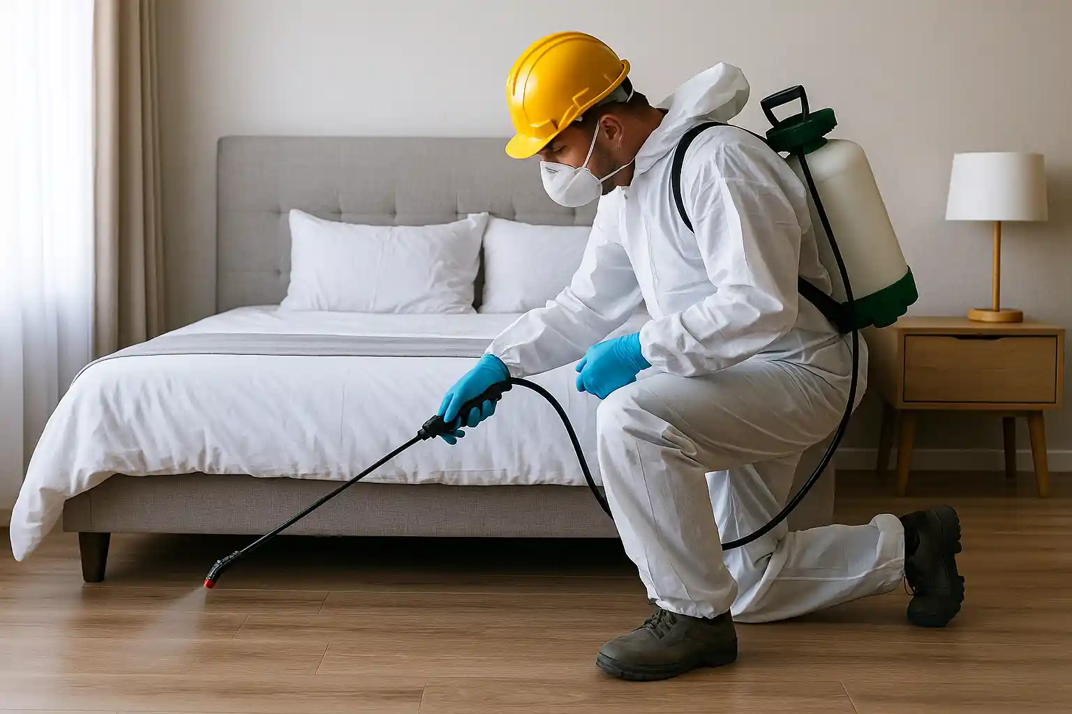 عامل رش مبيدات محترف ينفذ مكافحة حشرات داخل منزل في الظهران باستخدام معدات عالية الجودة.