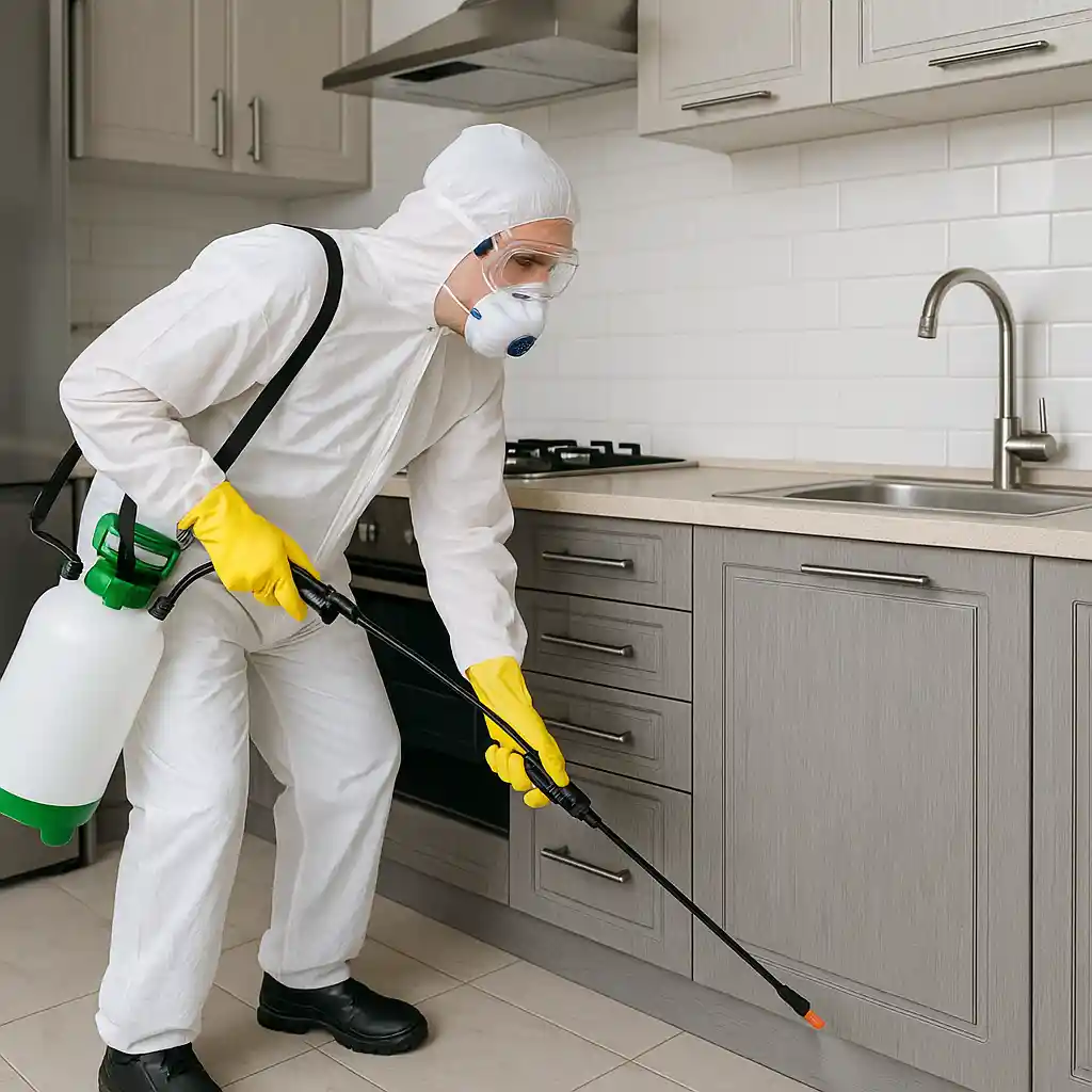 فني مكافحة حشرات في الظهران يقوم برش مبيدات داخل مطبخ باستخدام معدات حديثة للحصول على إبادة فعالة وآمنة.