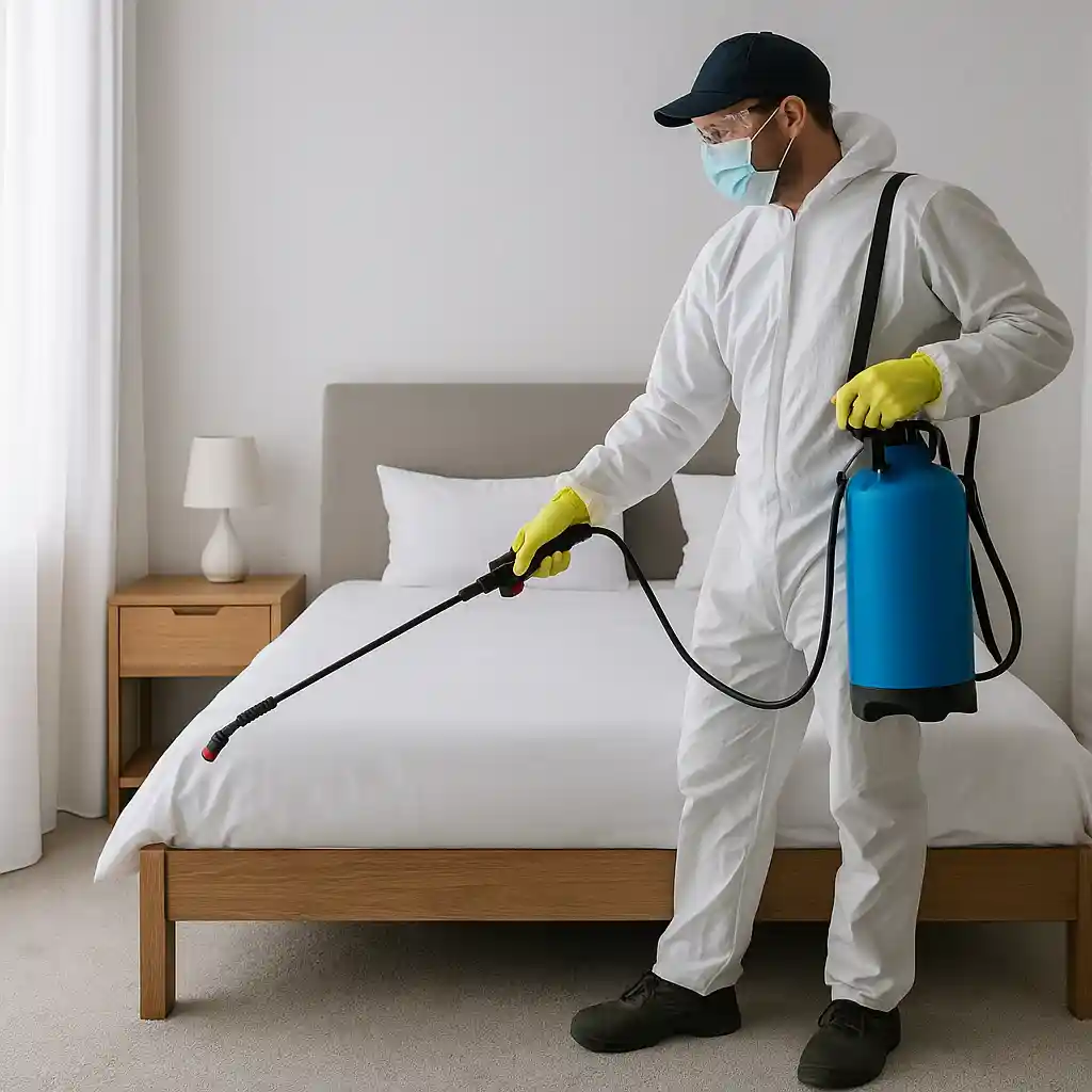 فني مكافحة حشرات في صفوى يقوم برش مبيدات داخل غرفة نوم لضمان إبادة كاملة للحشرات.
