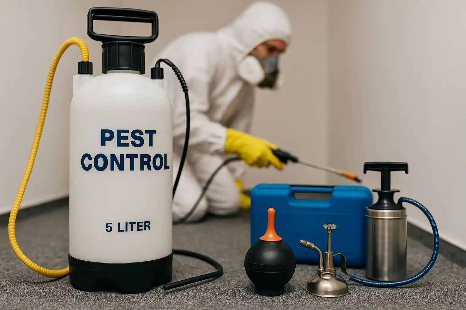 معدات رش مبيدات حديثة تُستخدم في مكافحة الحشرات بسيهات تشمل بخاخات احترافية وأدوات معالجة دقيقة.