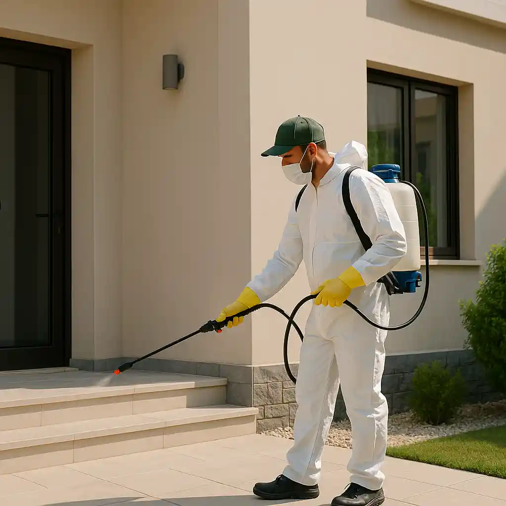 فني مكافحة حشرات بسيهات يقوم برش مبيدات آمنة على واجهة منزل سكني لضمان إبادة الحشرات.