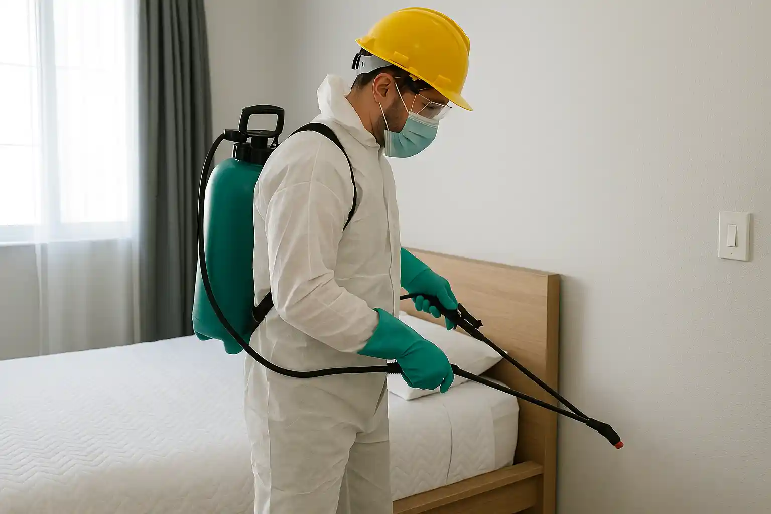 فني مكافحة حشرات بسيهات يقوم برش مبيدات داخل غرفة النوم لضمان إبادة الحشرات بشكل آمن وفعال.