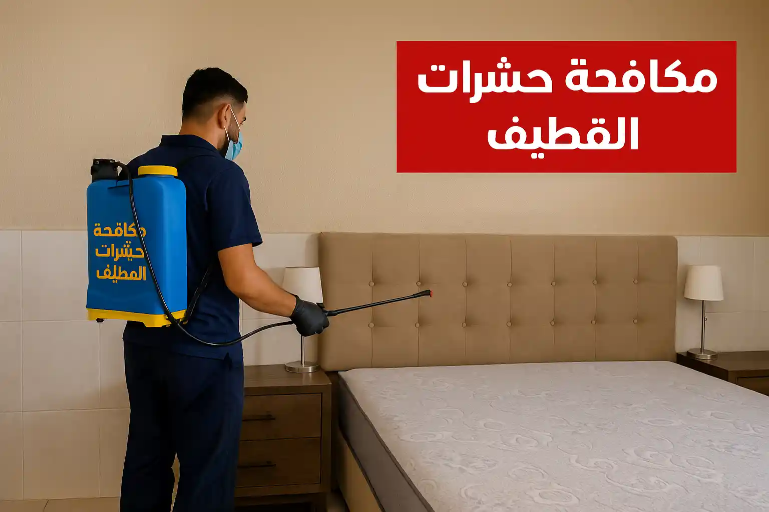 عامل مكافحة حشرات في القطيف يقوم برش مبيدات داخل غرفة نوم مع خدمة إبادة كاملة.