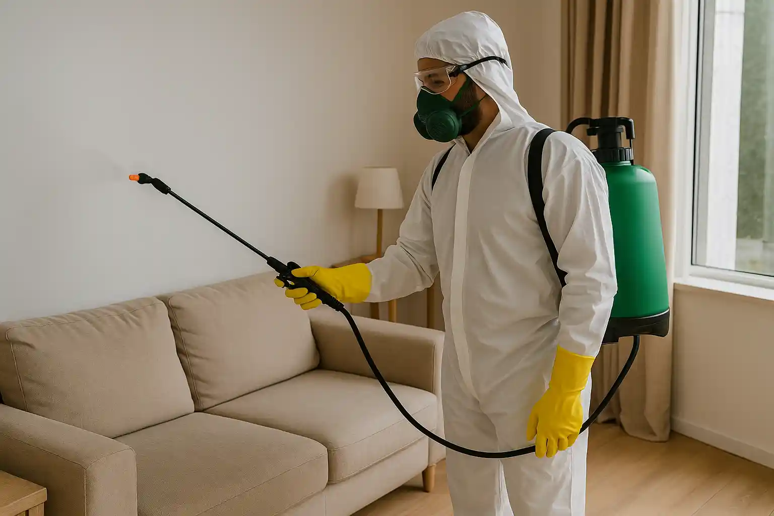 فني متخصص في مكافحة حشرات بالقطيف يستخدم معدات رش حديثة داخل أحد المنازل
