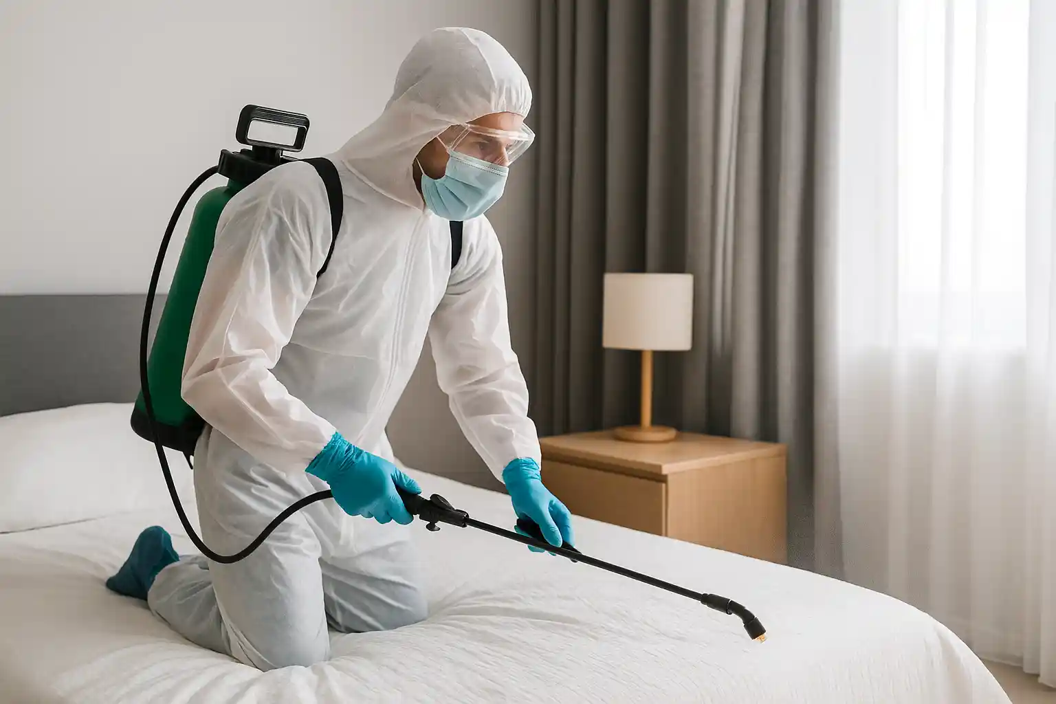 فني مكافحة حشرات في صفوى يقوم برش مبيدات حول الأثاث داخل غرفة معيشة باستخدام معدات احترافية.